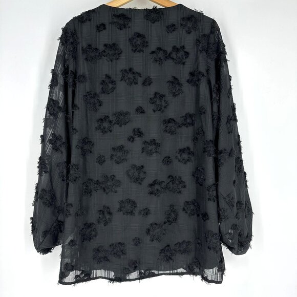 Jodifl Black Polyester Textured V-Neck Long Sheer Balloon Sleeve Blouse Size L - Picture 3 of 10
